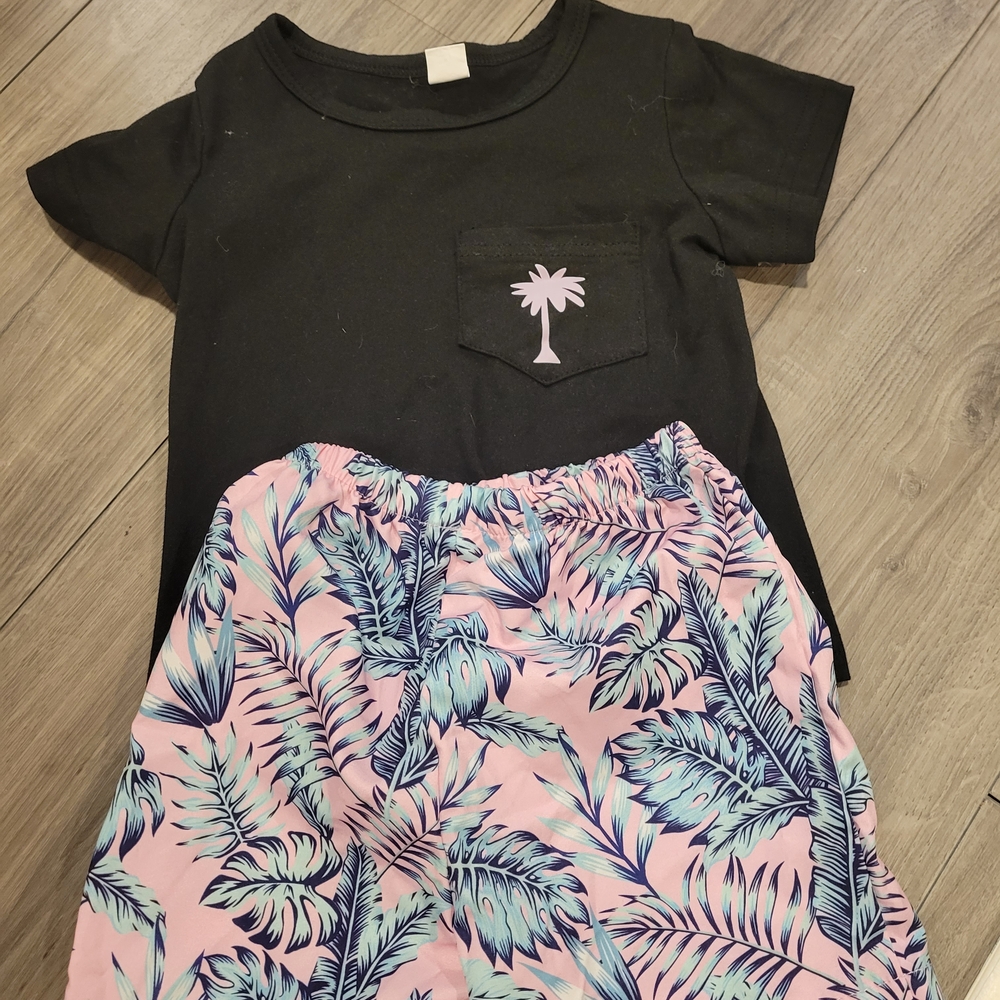 Baby Boys Hawiian Black T-Shirt and Pink Tropical Shorts Set